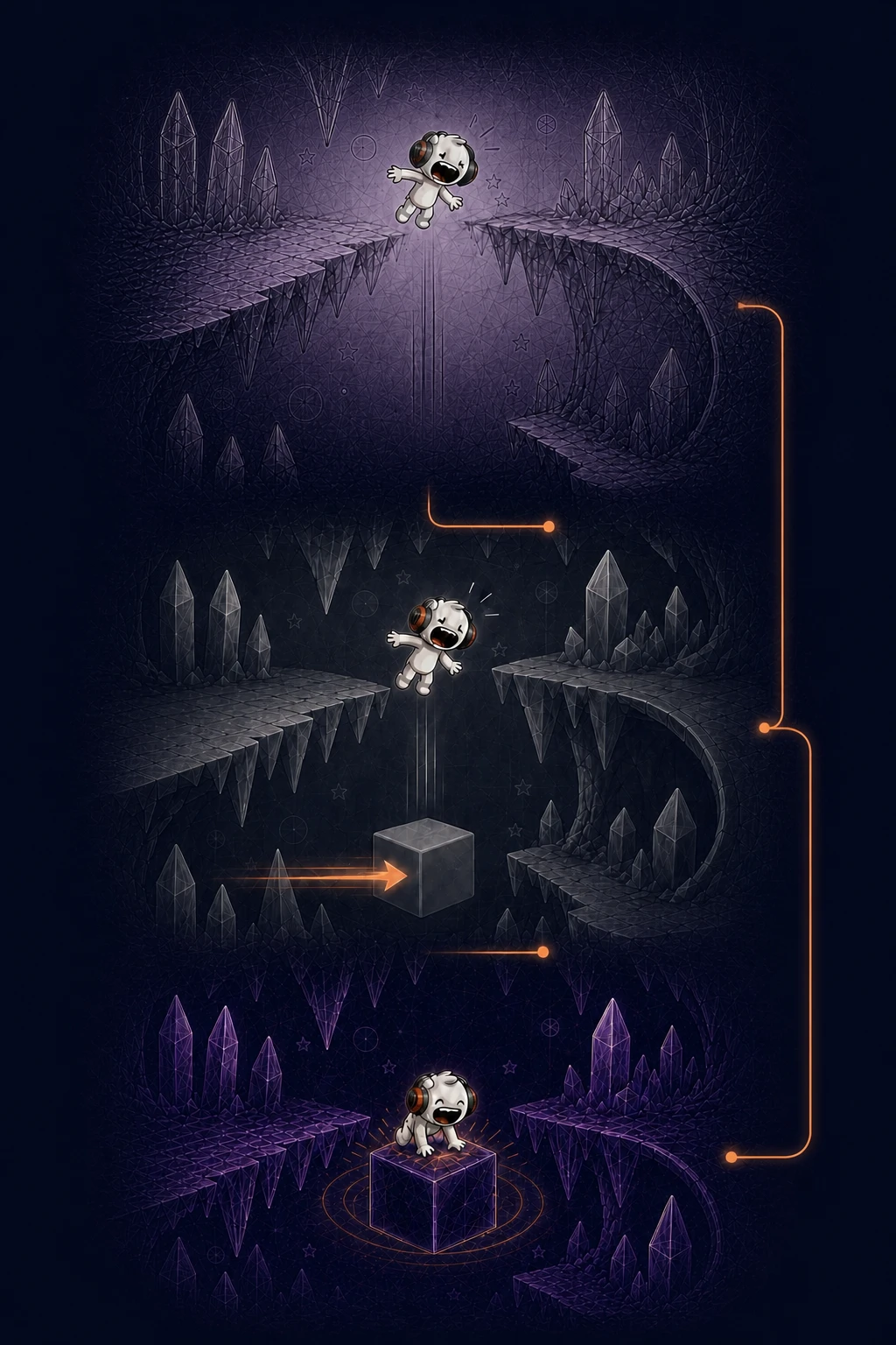 Vertical production loop: the sketch captures the fall, the blockout moves a platform into its path, and the final artwork confirms a safe landing.