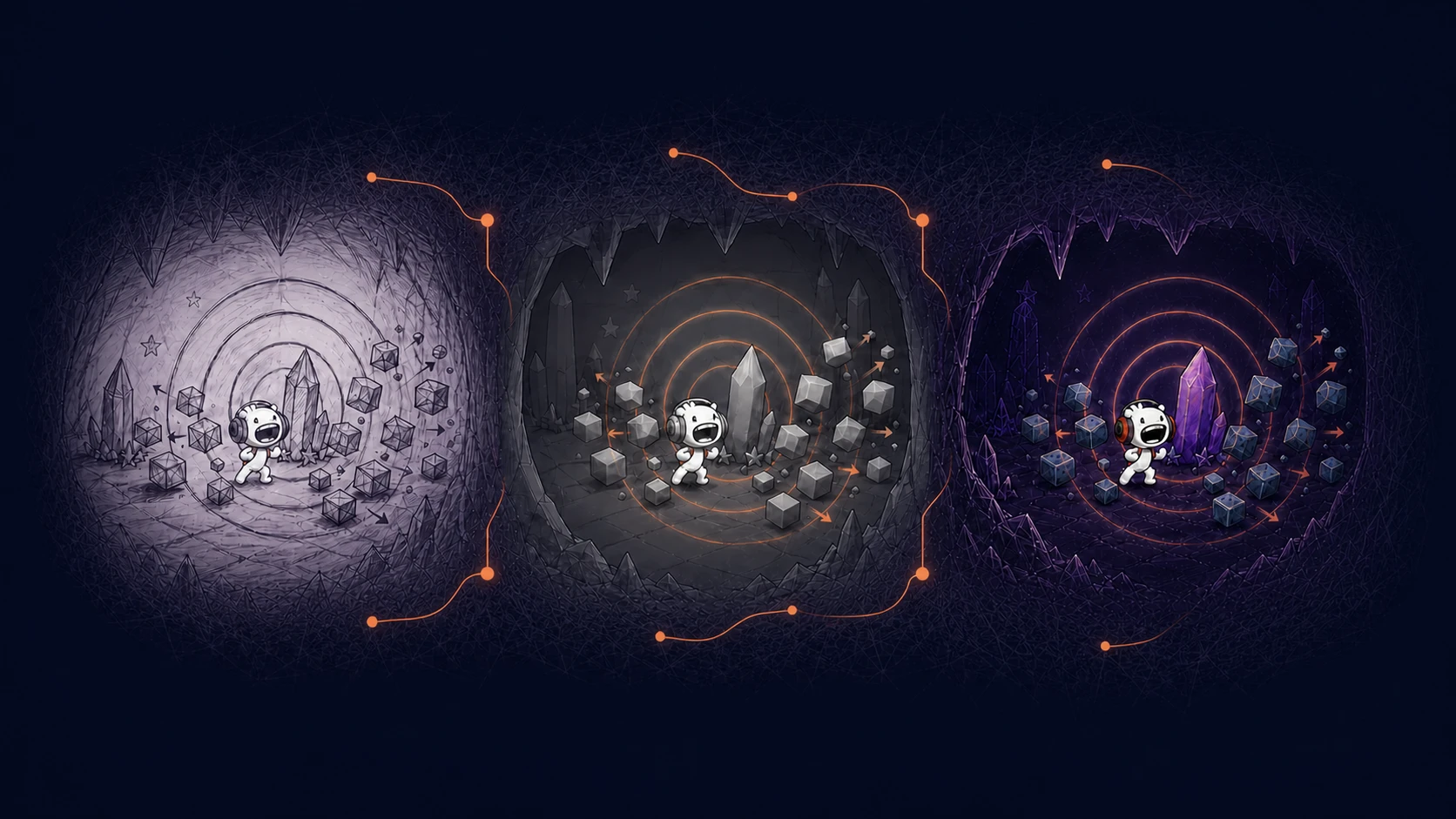 Three-stage Blueprint branch: the same radial wave levitating blocks evolves from sketch to gray blockout and final artwork.
