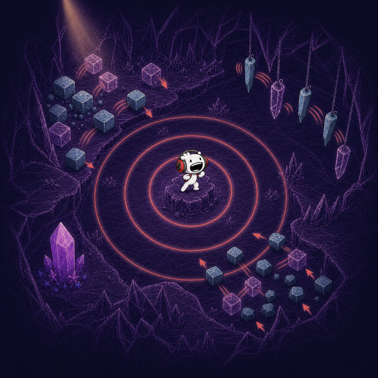 Radial system exploration: circular waves expand from the character and reveal how blocks, rocks and spikes respond around him.