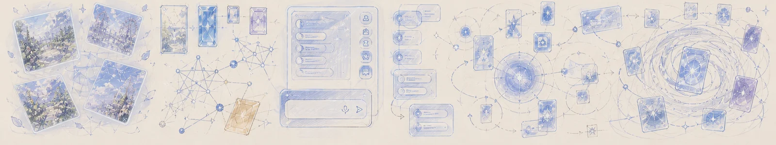 Studies of memory cards, connections, flows and conversational interface shapes.
