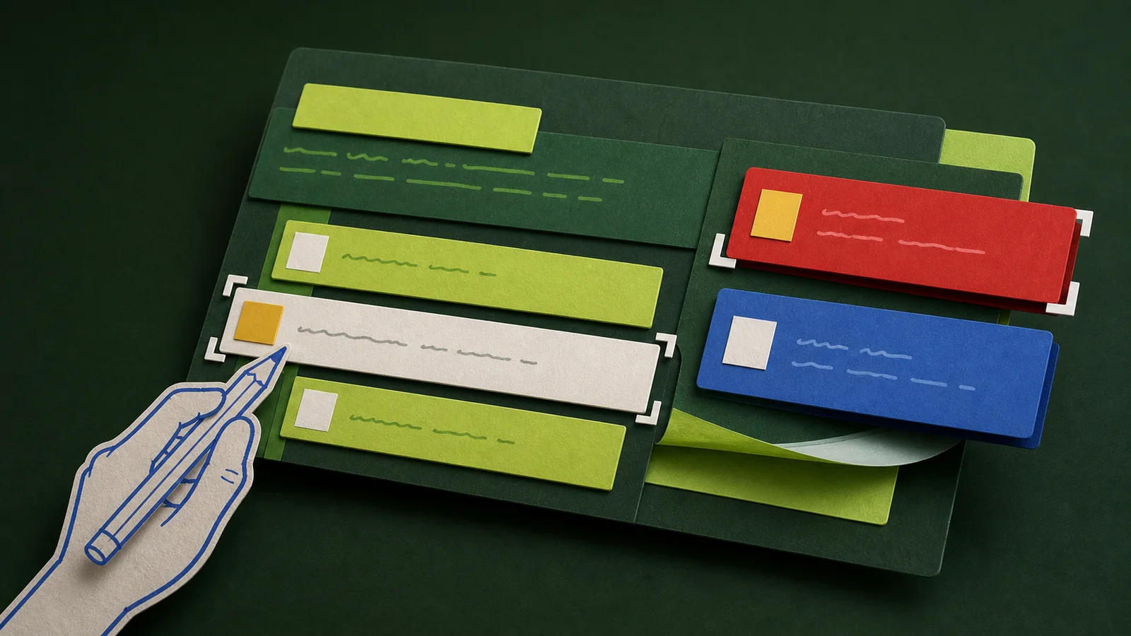 Paper-collage composition of the quiz showing answer selection and feedback