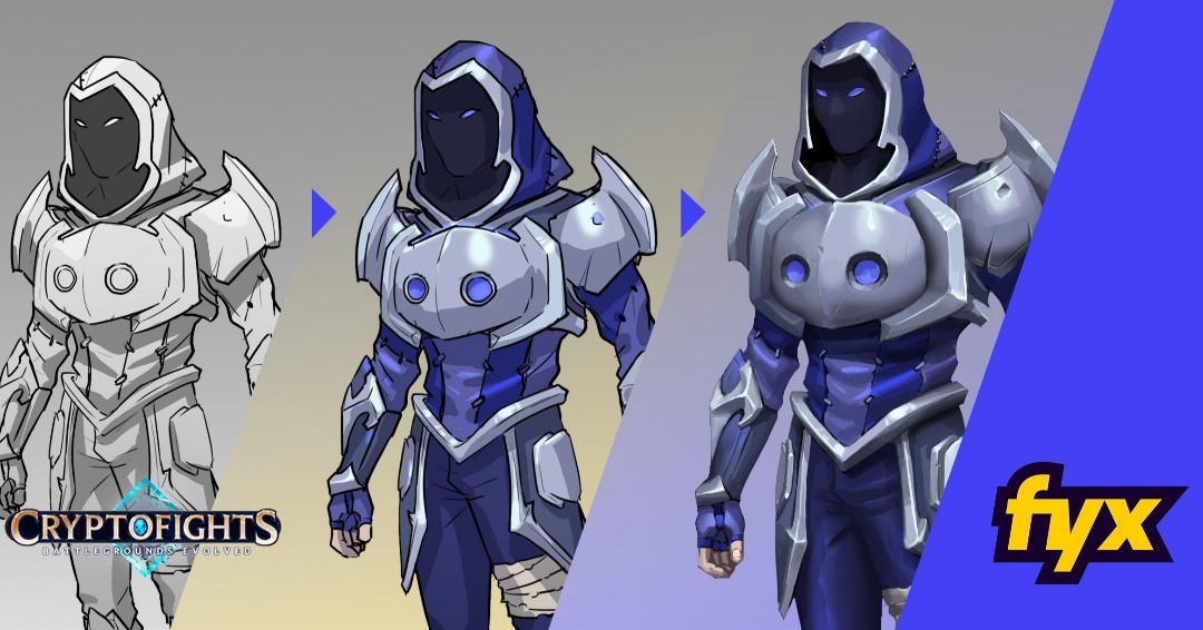Comparison of the sketch, color concept and 3D model for the CryptoFights skin