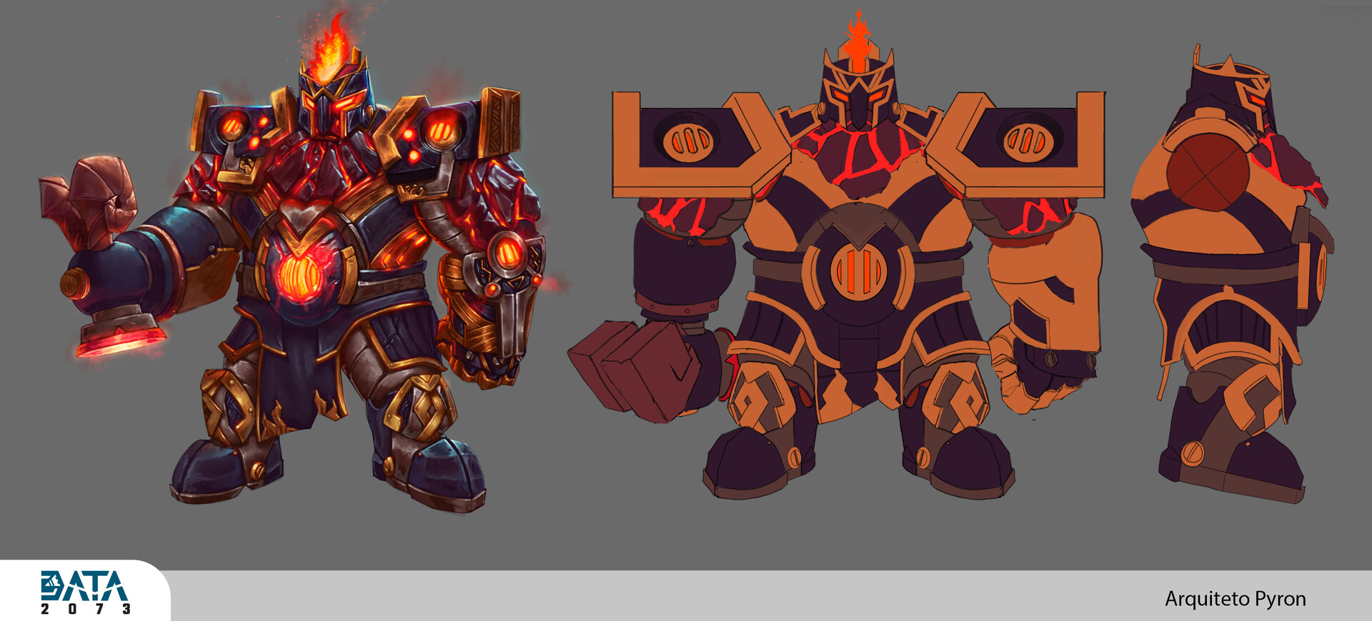 Pyron Architect, a mechanical warrior with a flaming core, heavy armor and cannon