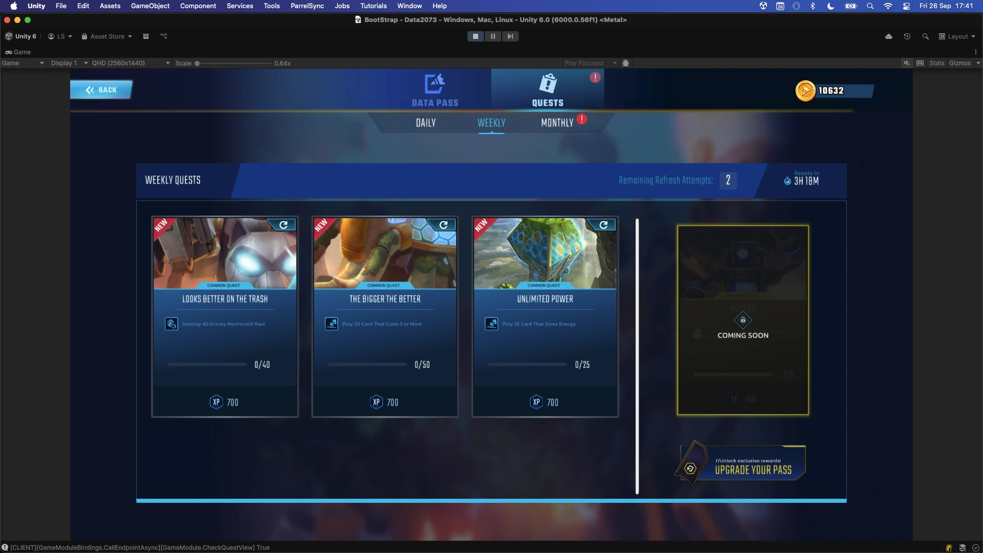DATA Pass weekly quests screen in Unity with three active quests, one locked premium quest and XP rewards