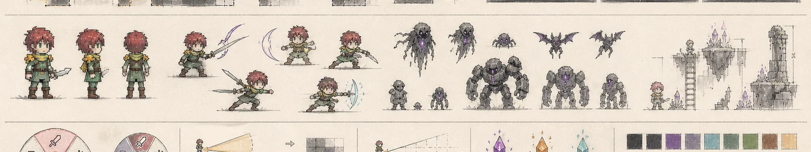 Explorer, combat-pose, enemy and scale-comparison studies.