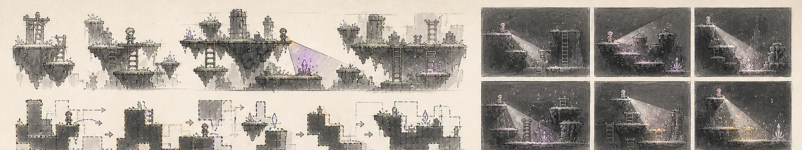 Studies of floating platforms, ruins, ladders, hidden paths and directional lighting.
