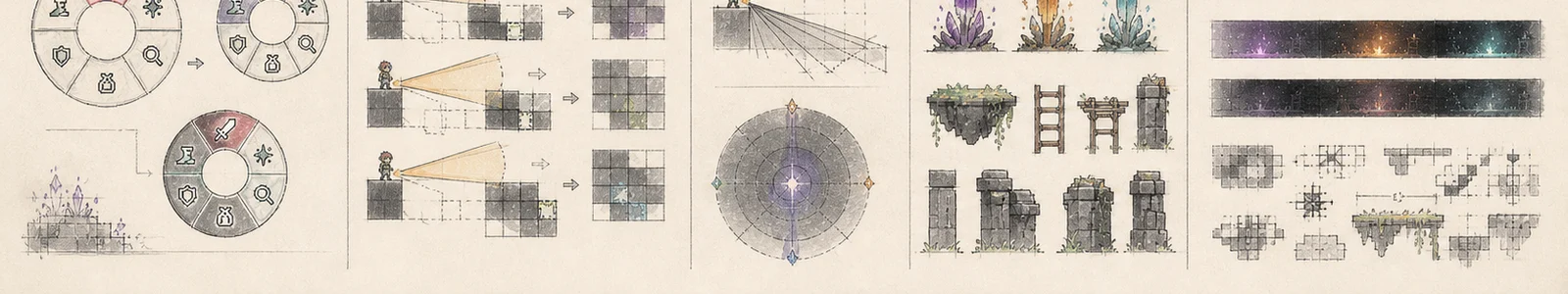 Studies of radial interface, revealed tiles, light cones, crystals and environment modules.