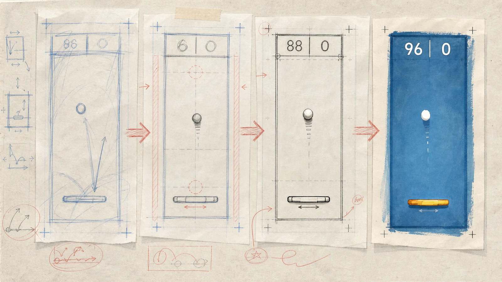 Execution visual: blueprint, blockout and finish assembled in layers