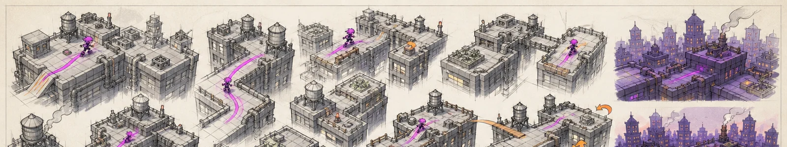 Studies of isometric rooftop routes, ramps, bridges, pipes and skyline.