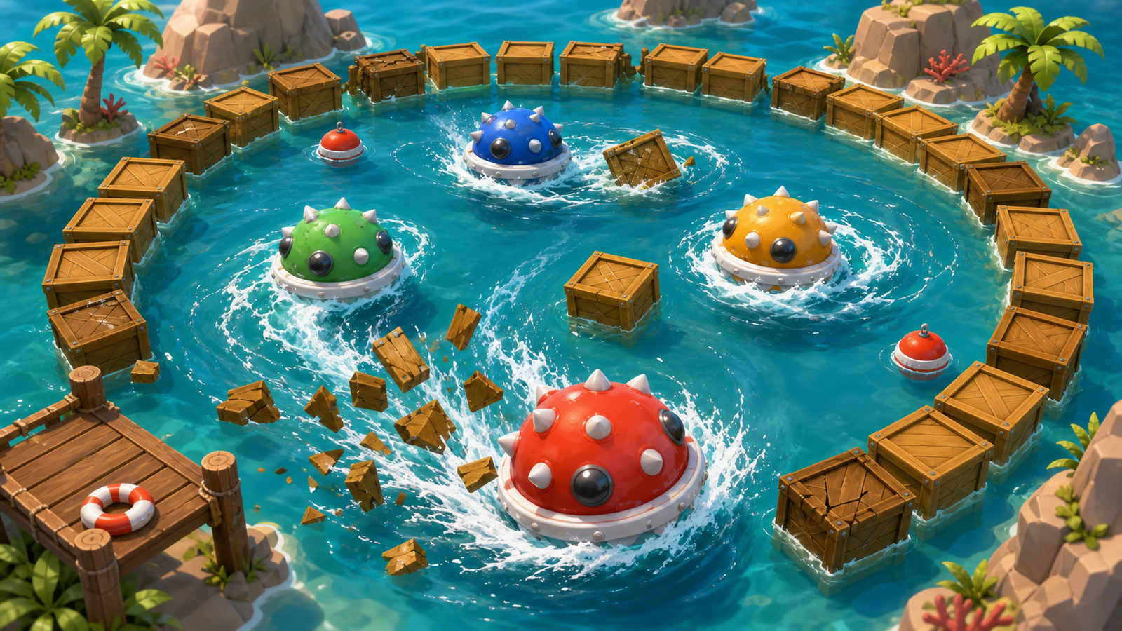 Concept key art of four rounded spiky competitors colliding in a tropical water arena enclosed by floating crates.