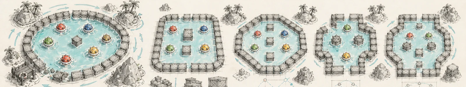 Studies of water arenas, floating crates, islands, docks and four-player spacing.