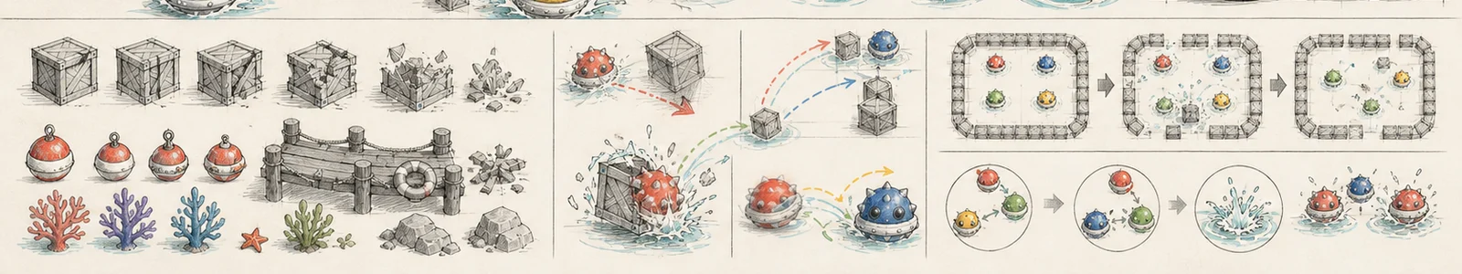 Studies of breaking crates, buoys, props, splashes, wakes and collision flows.